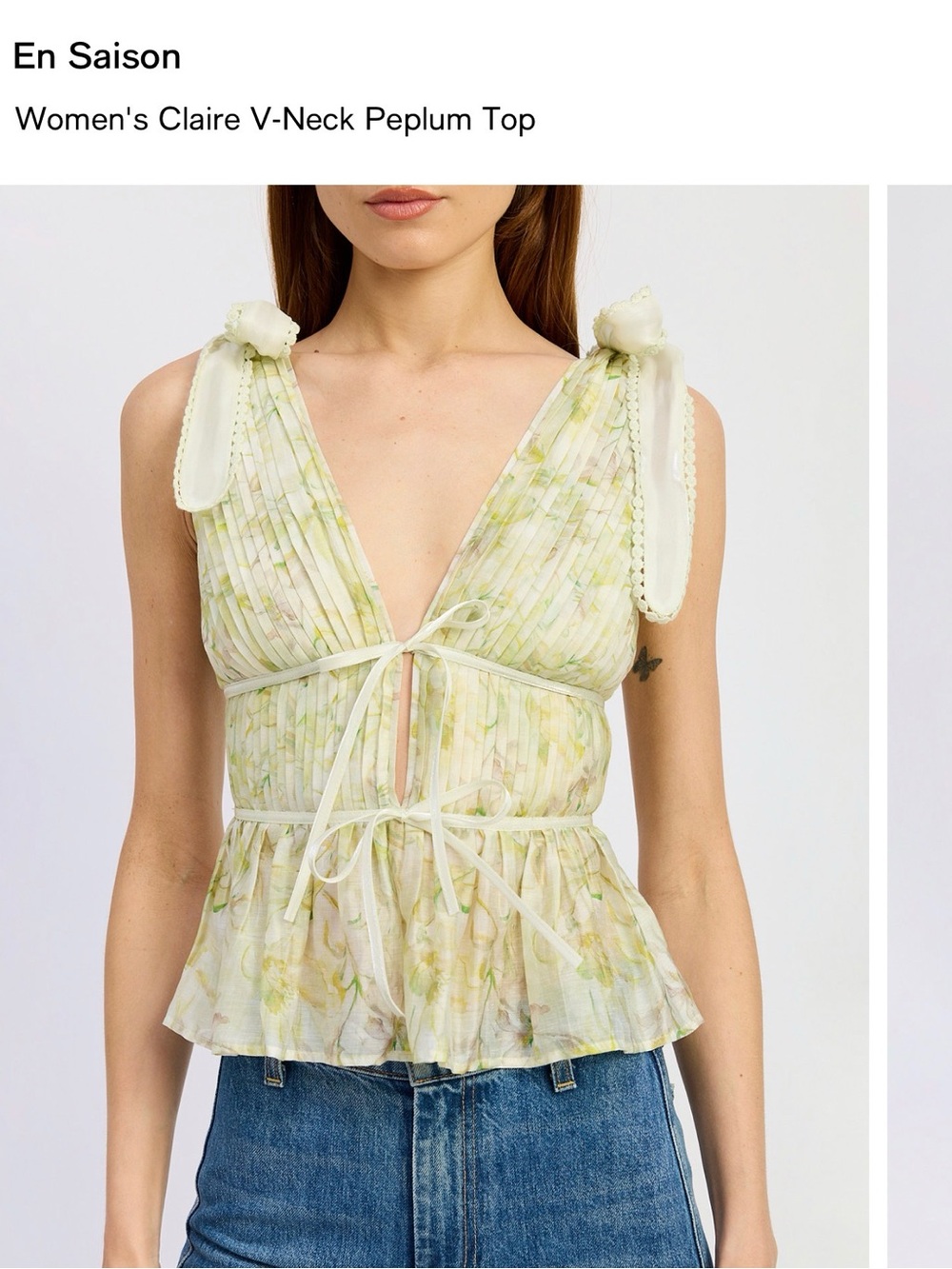 En Saison Light Green Floral Tie-Shoulder V-Neck Peplum Top